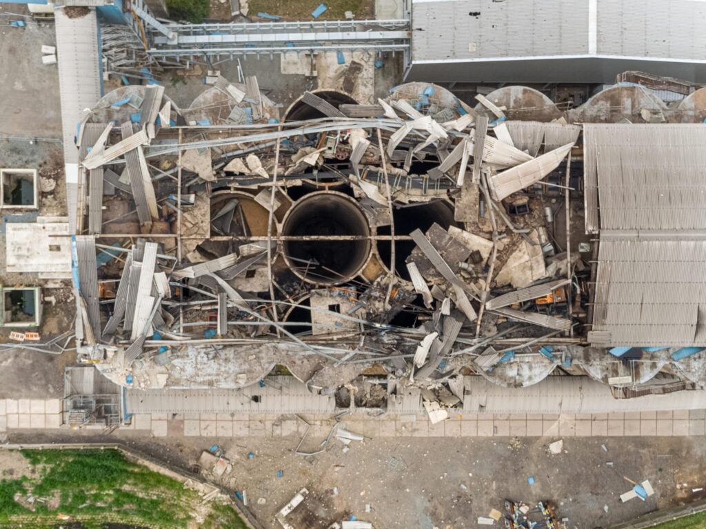 Aerial view of damage following a Grain Store Explosion